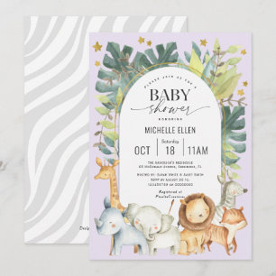 Purple jungle animals cute baby girl shower invitation