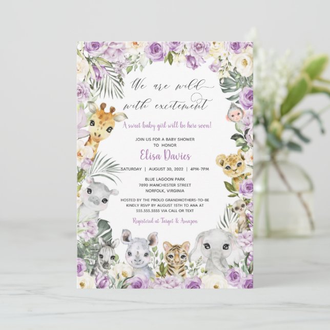 Purple Jungle Floral Wild Animals Girl Baby Shower Invitation (Standing Front)