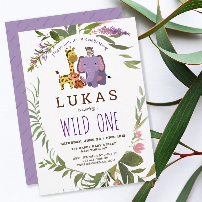 Purple Jungle Safari Animal 1st Birthday  Invitation (Creator Uploaded)