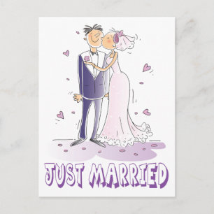 Purple Just Married Cartoon Bride & Groom Wedding Announcement Postcard