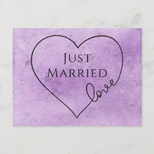 Purple Just Married Heart Watercolor Wedding Announcement Postcard
