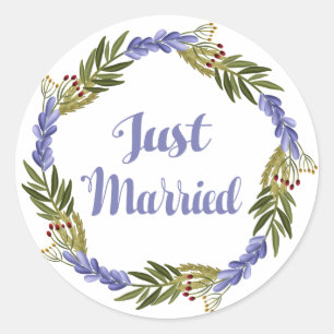 Purple Just Married Lavender Floral Wedding Classic Round Sticker