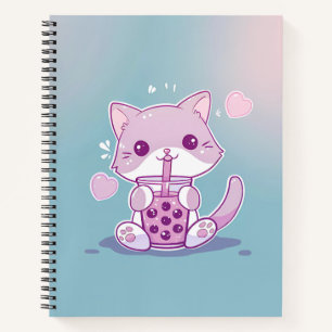 Purple Kawaii Cat Drinking Boba Tea Sketch Book