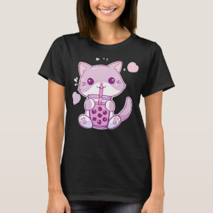 Purple Kawaii Cat Drinking Boba Tea T-Shirt