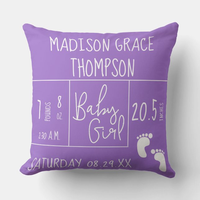 Purple keepsake Personalised Baby Girl Birth Stat Cushion (Front)
