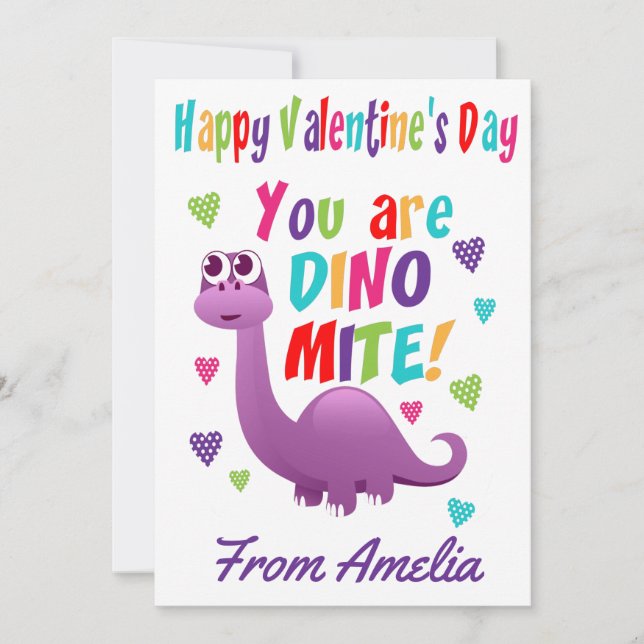 Purple Kids Dinosaur Dinomite Valentines Day Card (Front)