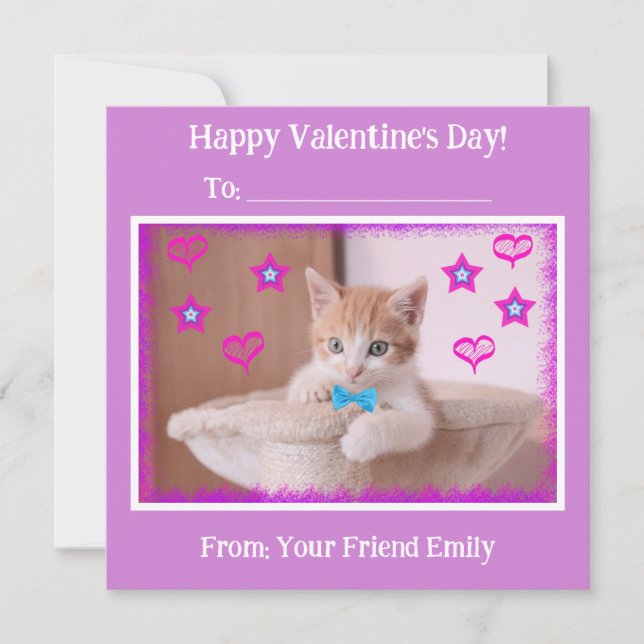 Purple Kids Funky Kitten Classroom Valentine's Holiday Card (Front)