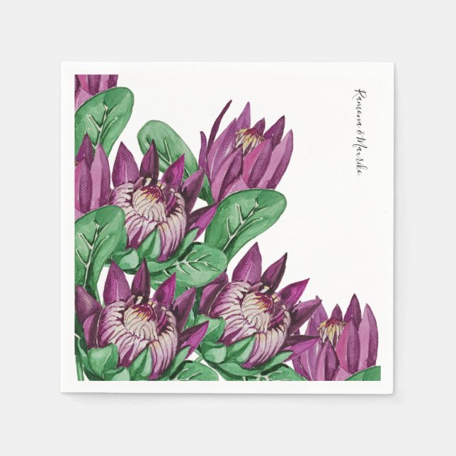 Purple King Protea Watercolor Art Napkin (Front)