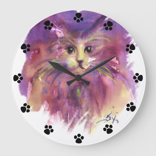 PURPLE KITTEN,CUTE KITTY CAT PORTRAIT Black Paws Large Clock (Front)