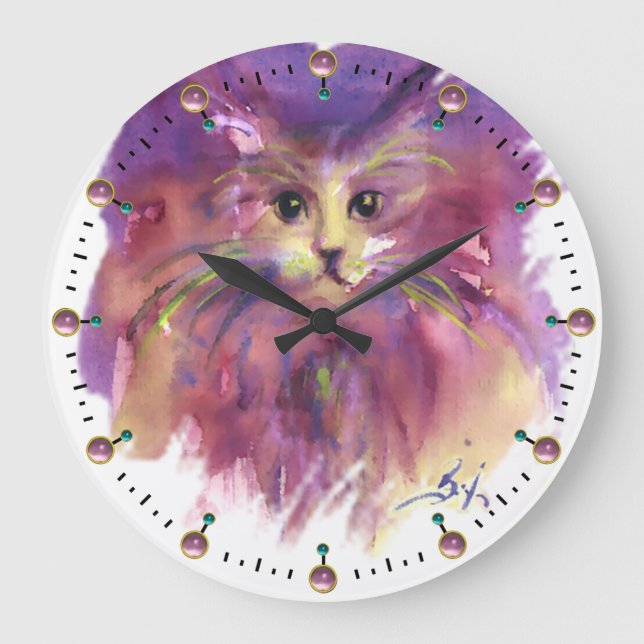 PURPLE KITTEN,CUTE KITTY CAT PORTRAIT Gemstones Large Clock (Front)