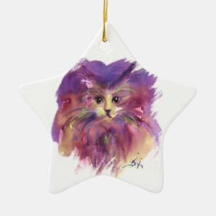 PURPLE KITTEN,KITTY CAT PORTRAIT,Amethyst Gem Ceramic Tree Decoration