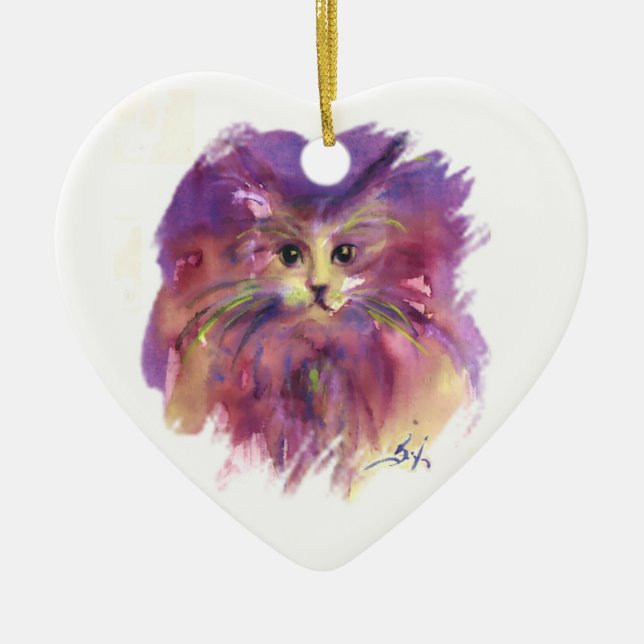 PURPLE KITTEN,KITTY CAT PORTRAIT Amethyst Gemstone Ceramic Tree Decoration (Front)