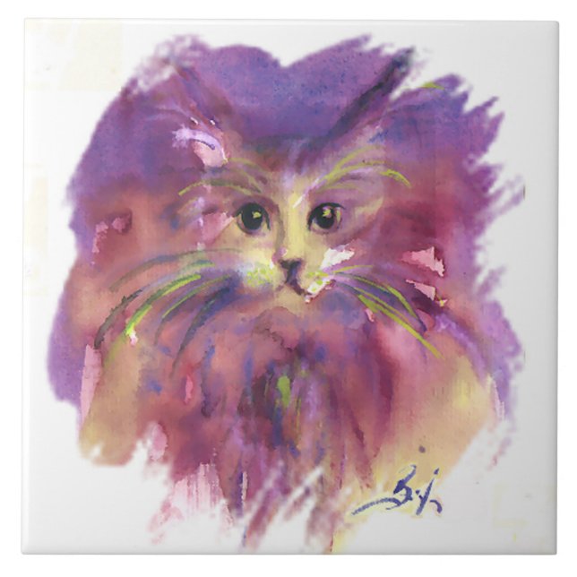 PURPLE KITTEN,KITTY CAT PORTRAIT CERAMIC TILE (Front)