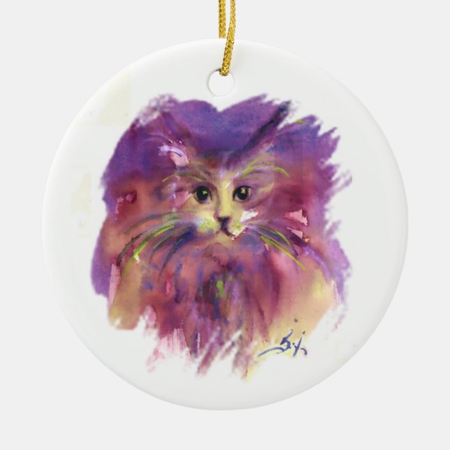 PURPLE KITTEN,KITTY CAT PORTRAIT CERAMIC TREE DECORATION (Front)