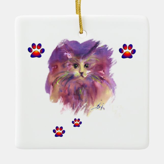 PURPLE KITTEN,KITTY CAT PORTRAIT,Colourful Paws Ceramic Tree Decoration (Front)