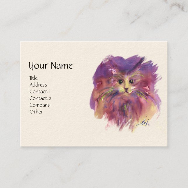 PURPLE KITTEN, KITTY CAT PORTRAIT ,White Cream Business Card (Front)