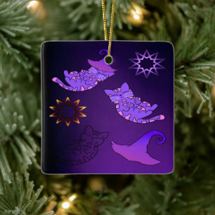 Purple Kittens with Witch Hats and Stars Ceramic Ornament