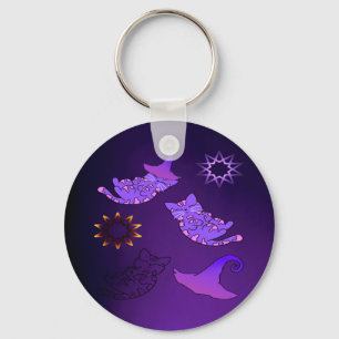 Purple Kittens with Witch Hats and Stars Key Ring