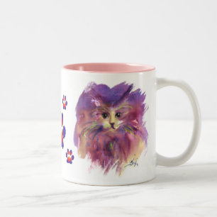 PURPLE KITTY CAT PORTRAIT WITH COLORFUL PAWS Two-Tone COFFEE MUG