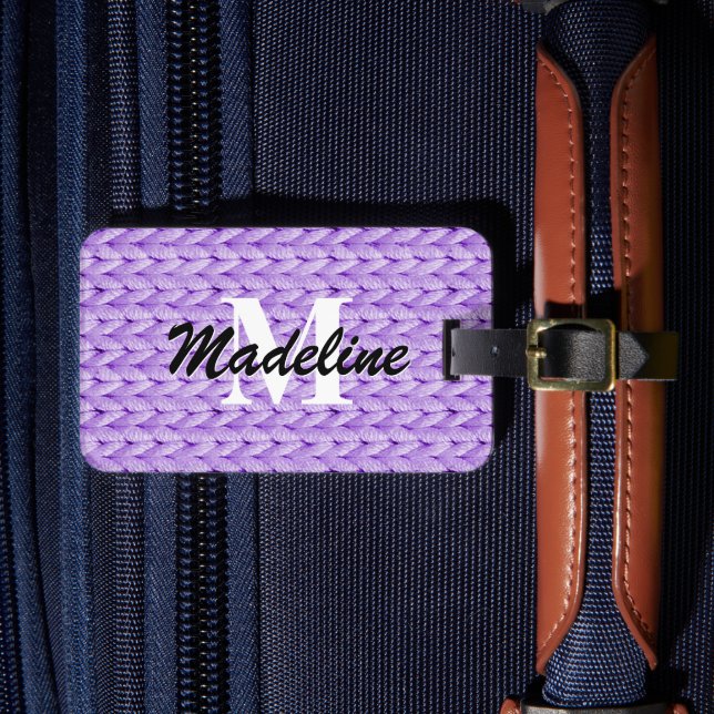 Purple Knitted Luggage Tag + Name, Monogram (Front Insitu 4)