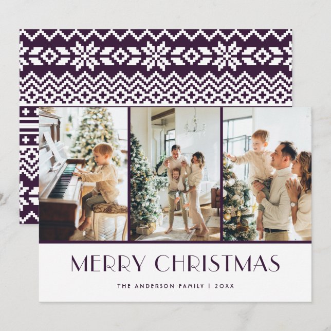 Purple Knitted Photo Collage Merry Christmas Holiday Card (Front/Back)