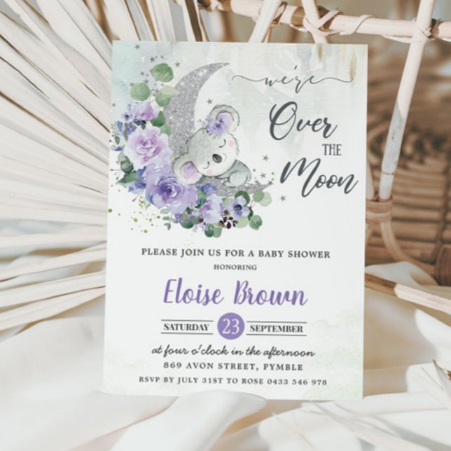 Purple Koala We're Over the Moon Girl Baby Shower  Invitation (Creator Uploaded)
