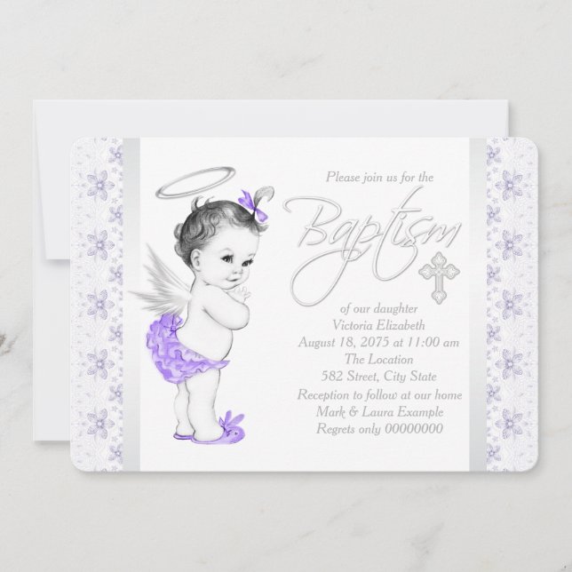 Purple Lace Angel Baby Girl Baptism Invitation (Front)