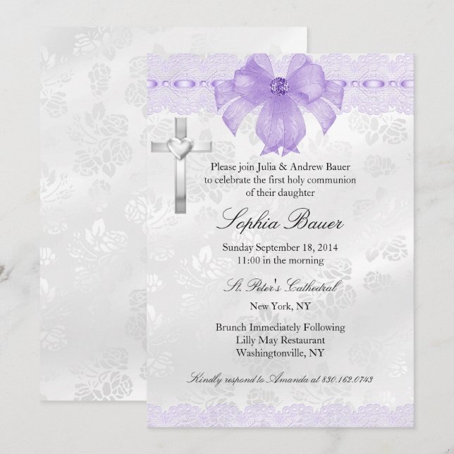 Purple Lace Bow First Holy Communion Invitation (Front/Back)
