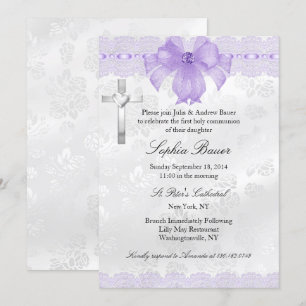 Purple Lace Bow First Holy Communion Invitation