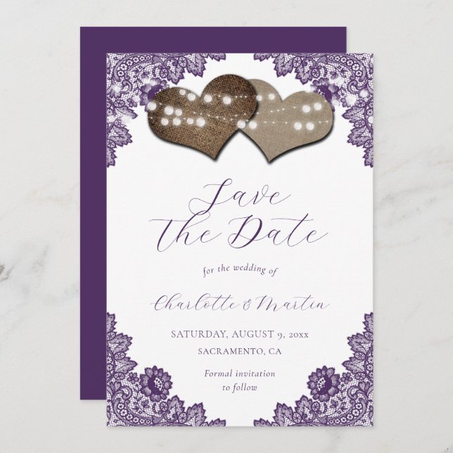 Purple Lace Burlap Hearts Rustic Wedding Save The Date (Front/Back)