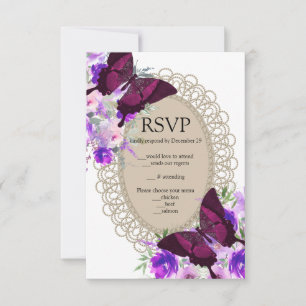 Purple Lace Butterfly Chic Pretty DIY Wedding RSVP Card
