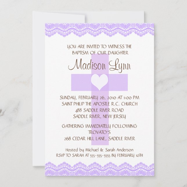 Purple Lace Cross Baby Girl Baptism Inviation Invitation (Front)