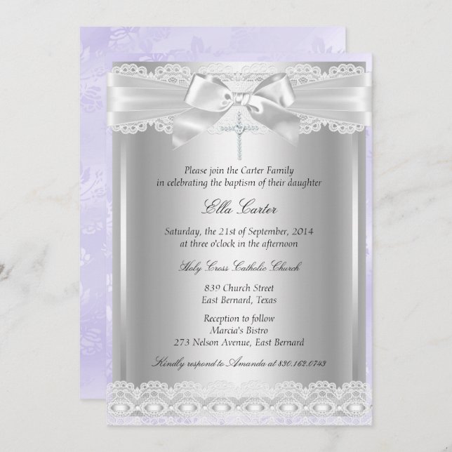 Purple Lace & Cross Baptism/Christening Invitation (Front/Back)