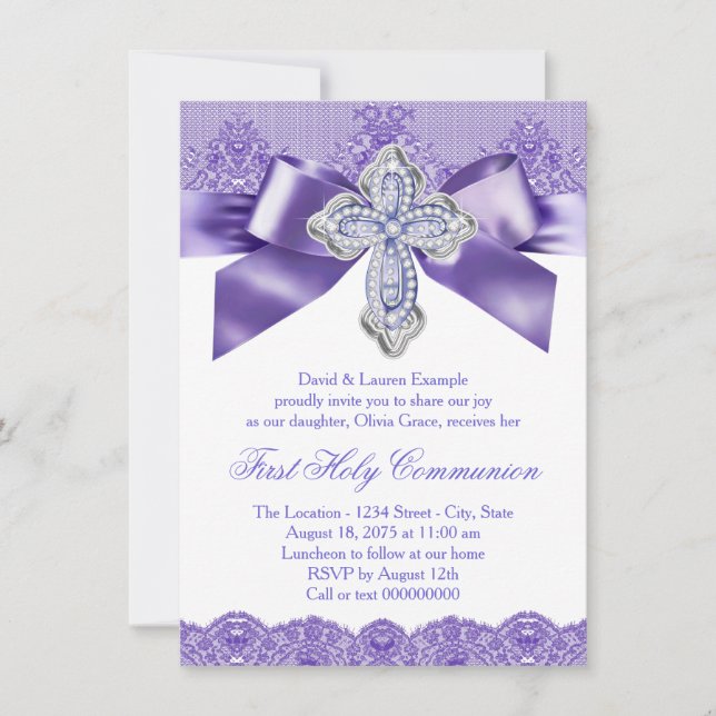 Purple Lace Cross First Holy Communion Invitation (Front)