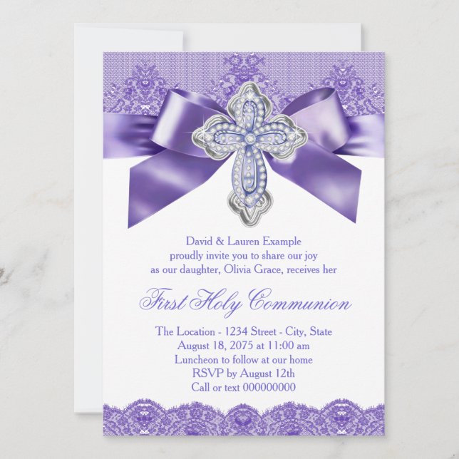 Purple Lace Cross First Holy Communion Invitation (Front)