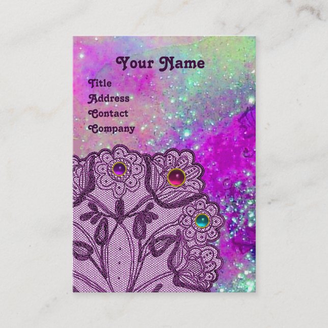 PURPLE LACE FLOWERS AND COLORFUL GEMSTONES BUSINESS CARD (Front)