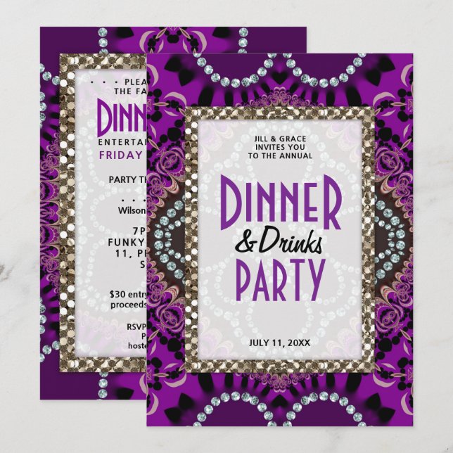 Purple Lace Glamour Dinner Drinks Party Invitation (Front/Back)