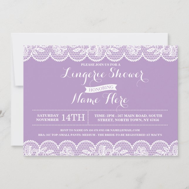 Purple Lace Lingerie Bridal Shower Invitation (Front)