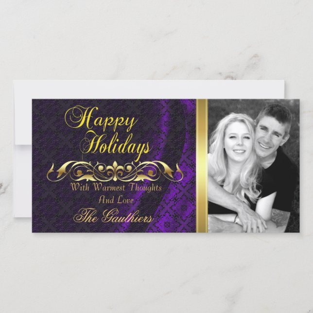 Purple Lace Silk & Gold Scroll Holiday Photo Card (Front)