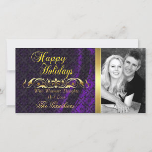 Purple Lace Silk & Gold Scroll Holiday Photo Card