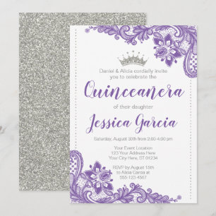 Purple Lace & Silver Glitter Princess Quinceañera Invitation