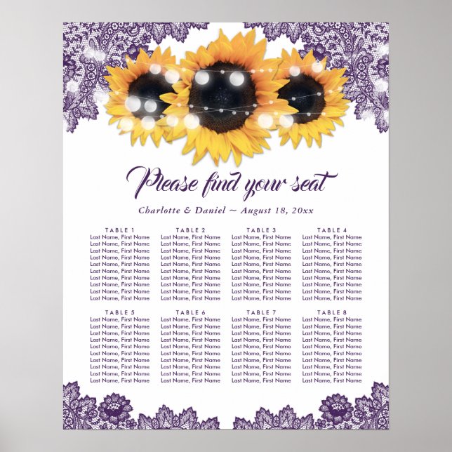 Purple Lace Sunflower Wedding Seating Chart 8 (Front)