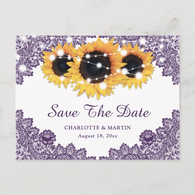 Purple Lace Yellow Sunflower Wedding Save The Date Announcement Postcard (Front)