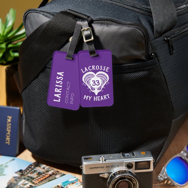 Purple Lacrosse My Heart Luggage Tag (Front & Back)
