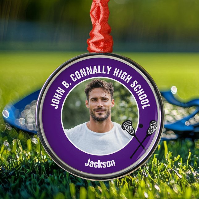 Purple Lacrosse Player Photo High School Christmas Metal Tree Decoration (Creator Uploaded)