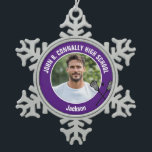 Purple Lacrosse Player Photo High School Snowflake Pewter Christmas Ornament<br><div class="desc">This cool customized high school lacrosse player photo gift features white typography of your team and player name on a purple snowflake Christmas ornament with a ball and rackets icon. Personalize with your athlete's photograph and class year as a proud sports parent.</div>