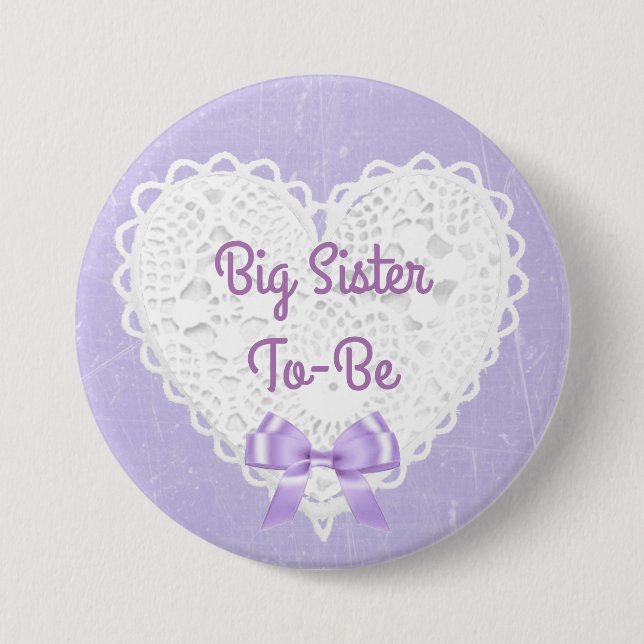Purple Lacy Big Sister-To-Be Baby Shower Button (Front)