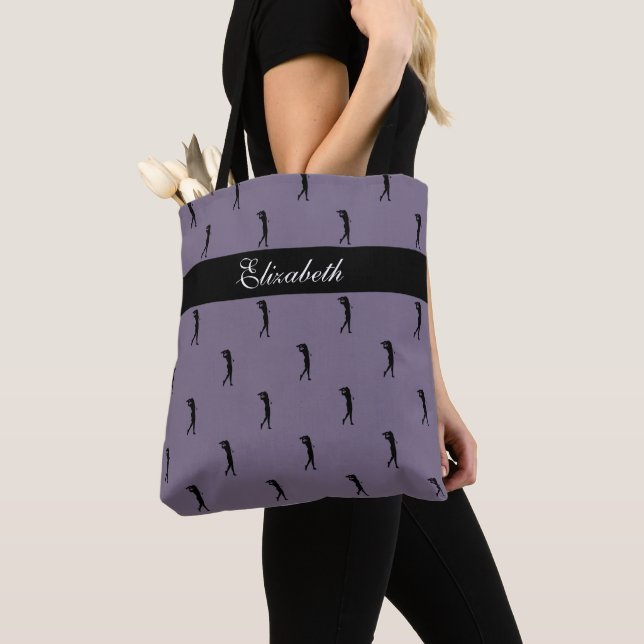 Purple Lady Golfer Custom Name  Tote Bag (Close Up)