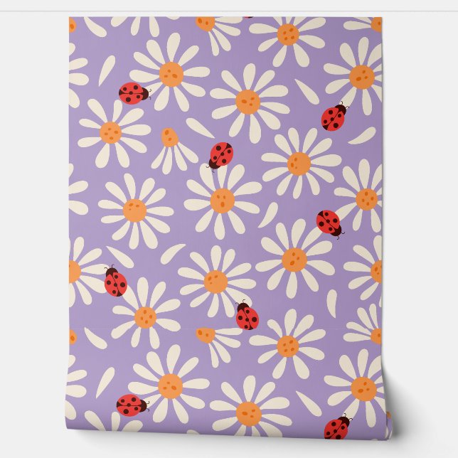 Purple Ladybugs and Daisies Wallpaper (Unrolling)