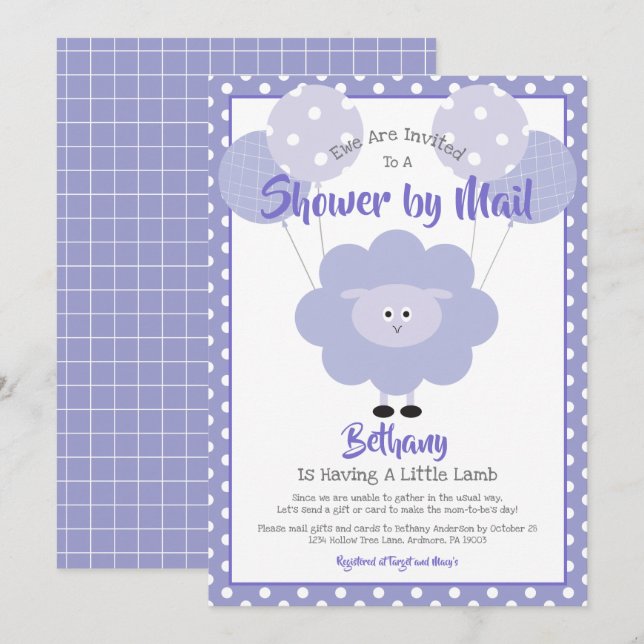 Purple Lamb Baby Shower by Mail Cute Simple Modern Invitation (Front/Back)